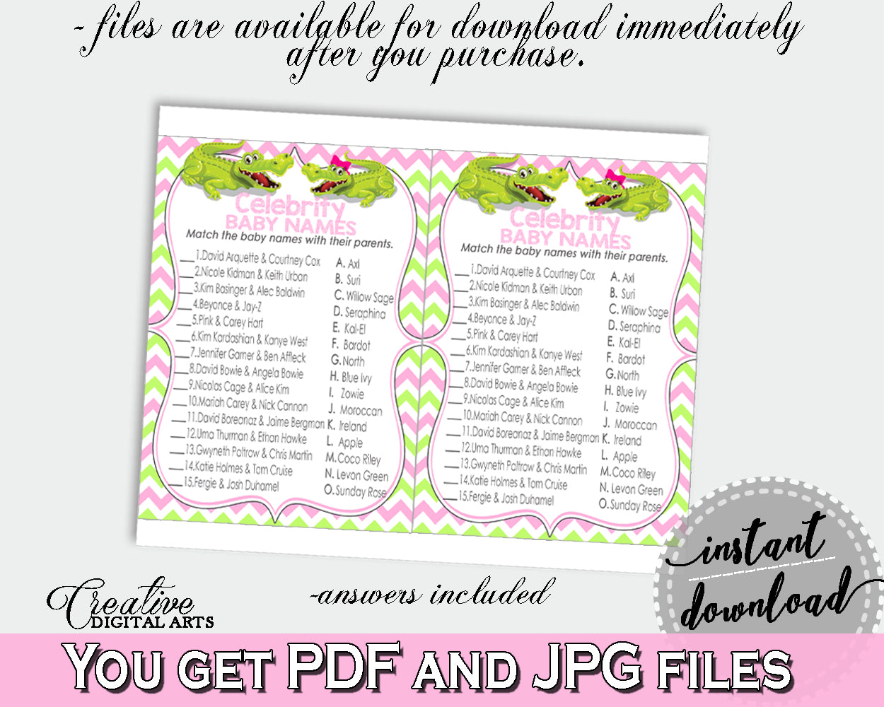 CELEBRITY BABY NAMES baby shower game with green alligator and pink color theme, instant download - ap001