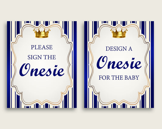 Blue Gold Please Sign The Onesie Sign and Design A Onesie Sign Printables, Royal Prince Boy Baby Shower Decor, Instant Download, rp001