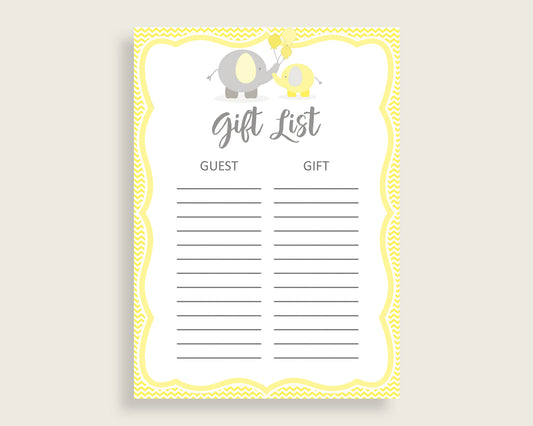 Gift List Baby Shower Gift List Yellow Baby Shower Gift List Baby Shower Elephant Gift List Yellow Gray customizable files prints W6ZPZ