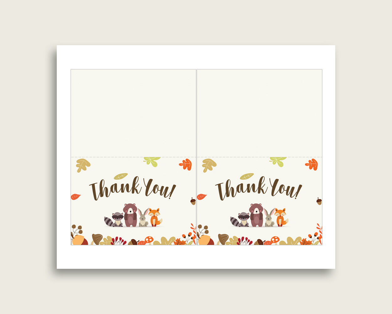 Brown Beige Thank You Cards Printable, Woodland Baby Shower Thank You Notes, Gender Neutral Shower Thank You Folded, Instant Download, w0001