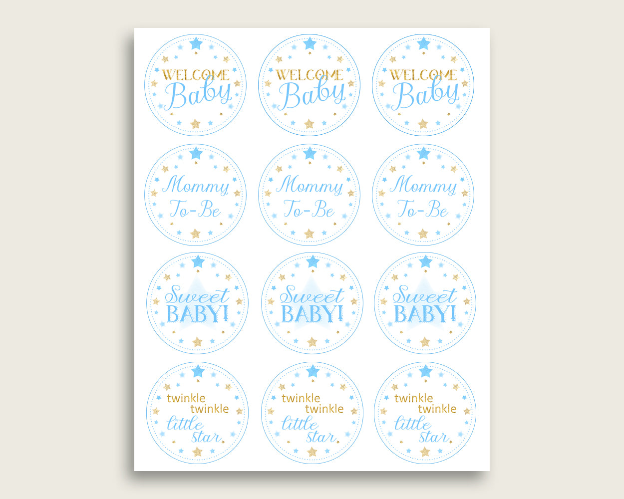 Stars Cupcake Toppers, Blue Gold Cupcake Wrappers, Toppers Wrappers Baby Shower Boy, Instant Download, Most Popular Little Star bsr01