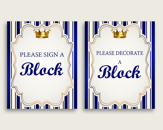 Blue Gold Please Sign A Block Sign and Decoarate A Block Sign Printables, Royal Prince Boy Baby Shower Decor, Instant Download, rp001