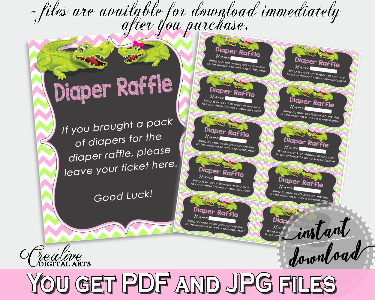 Baby shower DIAPER RAFFLE insert cards printable for baby shower with green alligator and pink color theme, Jpg Pdf, instant download - ap001