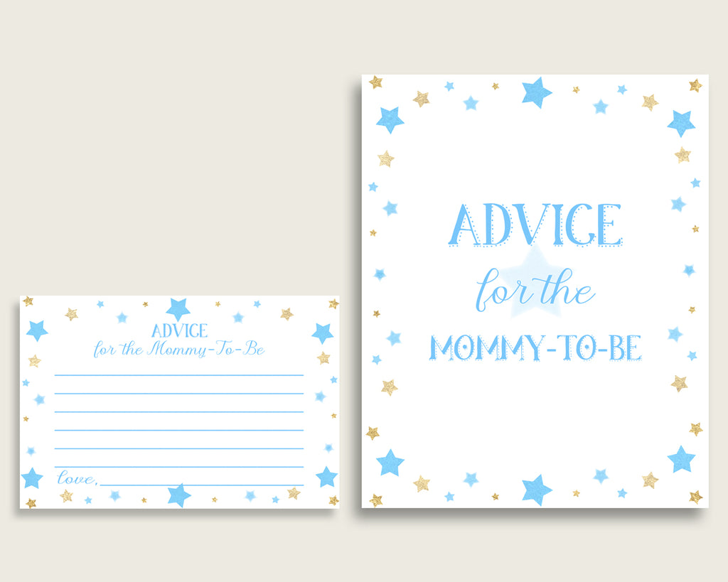 Stars Advice For Mommy To Be Cards & Sign, Printable Baby Shower Blue Gold Advice For New Parents, Instant Download, Twinkle Twinkle bsr01