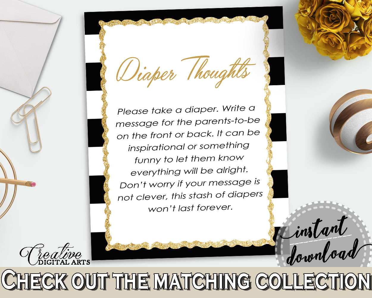 Baby shower DIAPER THOUGHTS game with black white stripes color theme printable, glitter gold, digital file jpg pdf, instant download - bs001