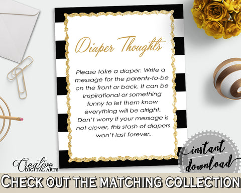 Baby shower DIAPER THOUGHTS game with black white stripes color theme printable, glitter gold, digital file jpg pdf, instant download - bs001