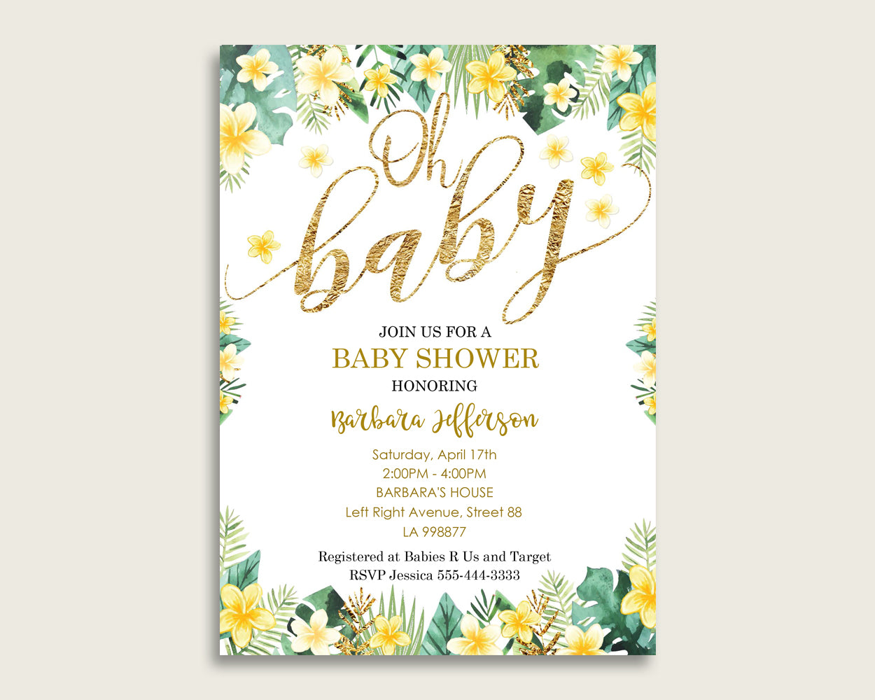 Tropical Baby Shower Invitations Printable, Digital Or Printed Invitation Baby Shower Gender Neutral, Editable Invitation Green Yellow 4N0VK