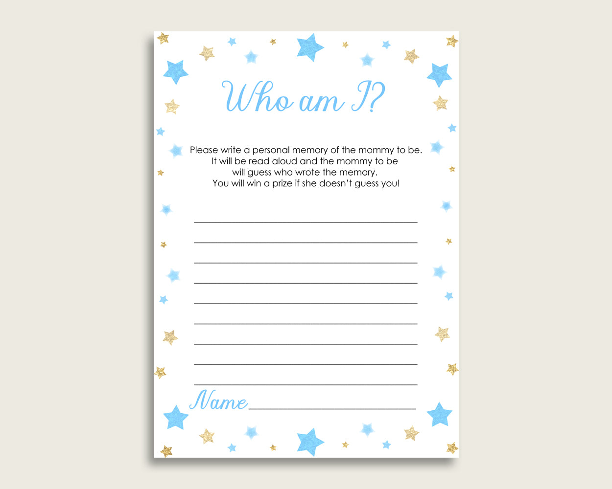 Stars Who Am I Game Printable, Boy Baby Shower Memory With Mommy, Blue Gold Baby Shower Activity, Instant Download, Twinkle Twinkle bsr01