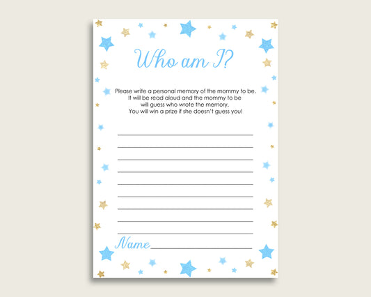 Stars Who Am I Game Printable, Boy Baby Shower Memory With Mommy, Blue Gold Baby Shower Activity, Instant Download, Twinkle Twinkle bsr01