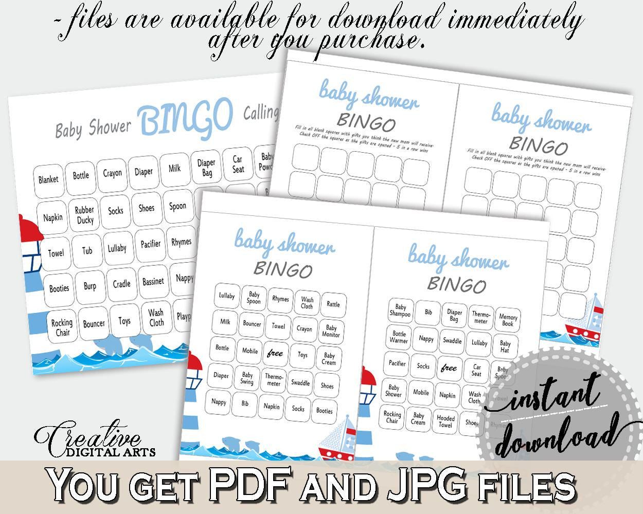 Bingo 60 Cards Baby Shower Bingo 60 Cards Nautical Baby Shower Bingo 60 Cards Baby Shower Nautical Bingo 60 Cards Blue Red prints - DHTQT - Digital Product