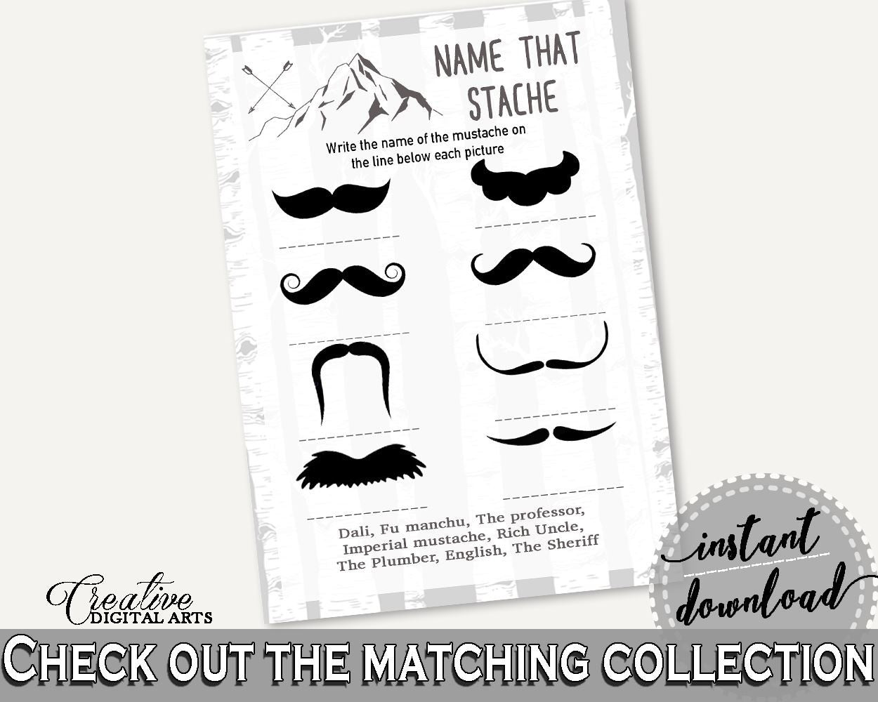 Name That Stache Baby Shower Name That Stache Adventure Mountain Baby Shower Name That Stache Gray White Baby Shower Adventure S67CJ - Digital Product