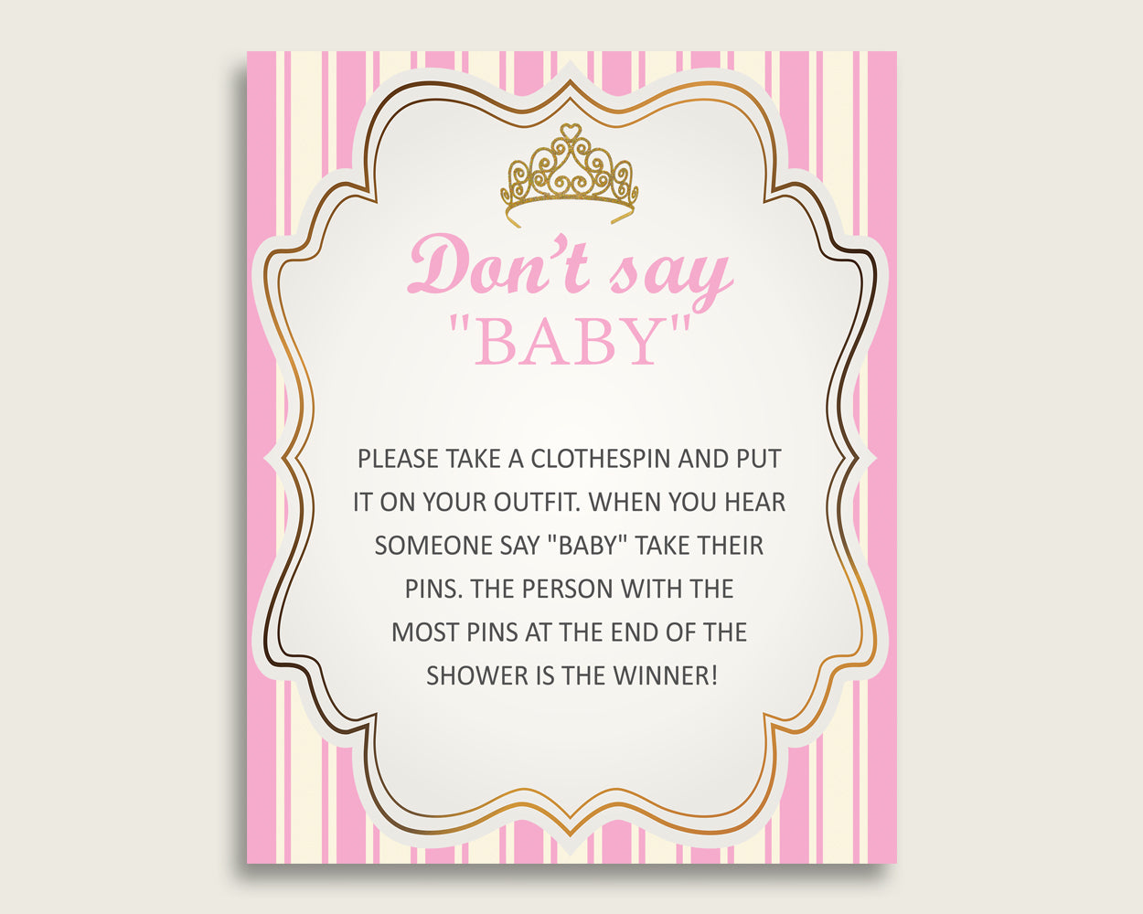 Pink Gold Don't Say Baby Printable Game, Girl Baby Shower Royal Princess Game Sign, Instant Download, 8x10, Light Pink Princesa rp002