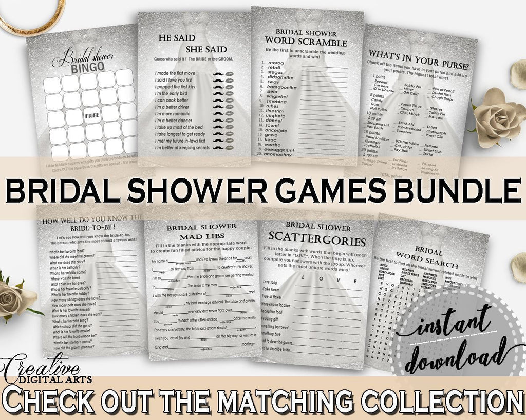 Games Bundle in Silver Wedding Dress Bridal Shower Silver And White Theme, whats in purse, bridal preparation, party decor, prints - C0CS5 - Digital Product