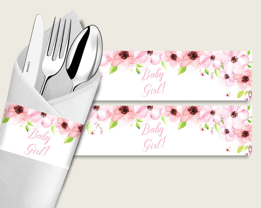 Flower Blush Baby Shower Napkin Rings Printable, Pink Green Napkin Wrappers, Girl Shower Utensils Wrap, Instant Download, Most Popular VH1KL