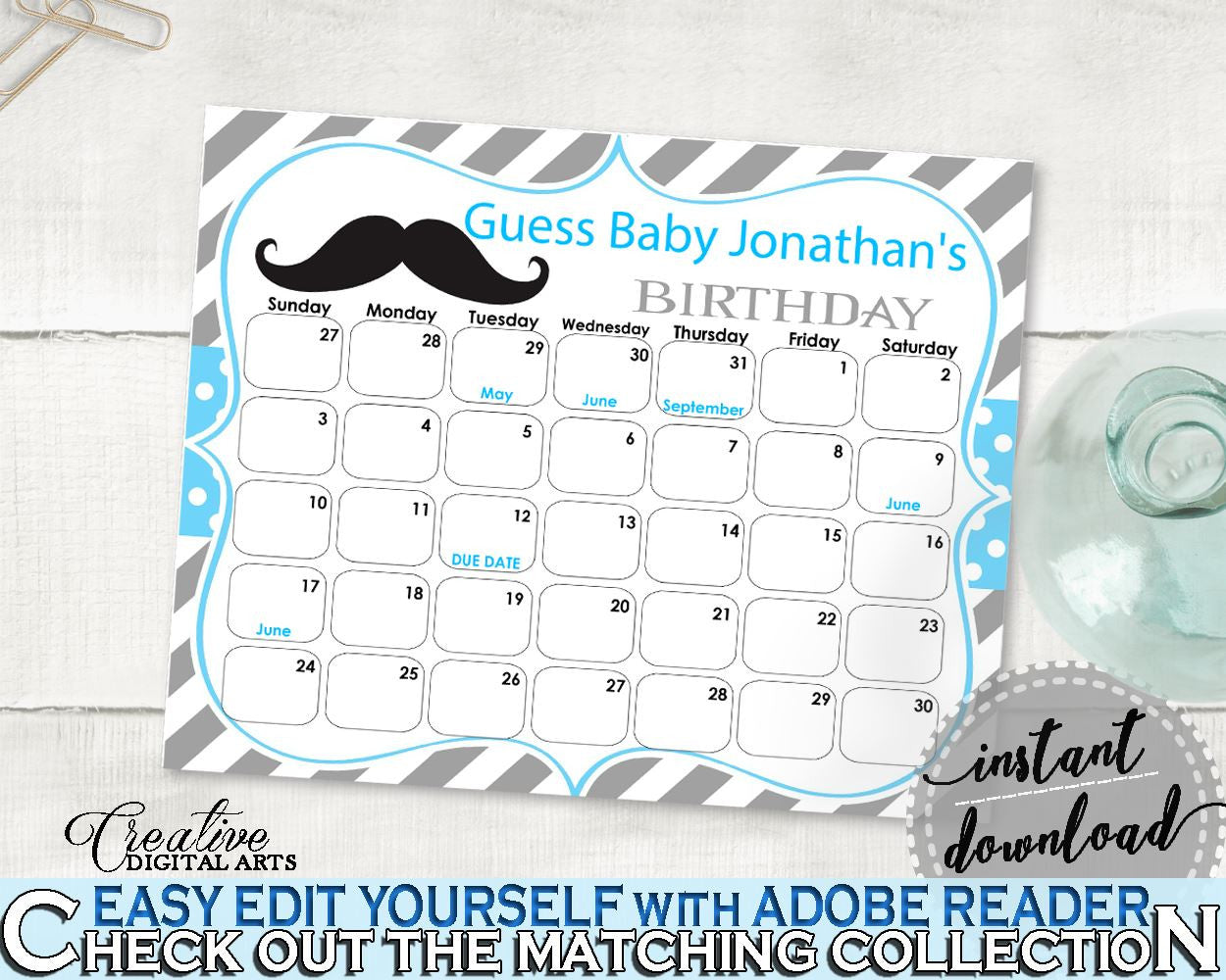 Birthday Predictions, Baby Shower Birthday Predictions, Mustache Baby Shower Birthday Predictions, Baby Shower Mustache Birthday 9P2QW - Digital Product