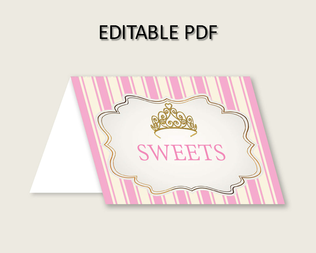 Royal Princess Folded Food Tent Cards Printable, Pink Gold Editable Pdf Buffet Labels, Girl Baby Shower Food Place Cards, Instant rp002