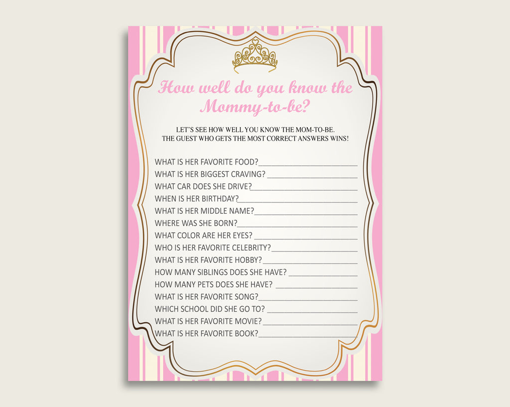 Pink Gold How Well Do You Know Mommy Game, Royal Princess Baby Shower Girl, Who Knows Mommy Best Printable, Glamorous Queen Heiress rp002