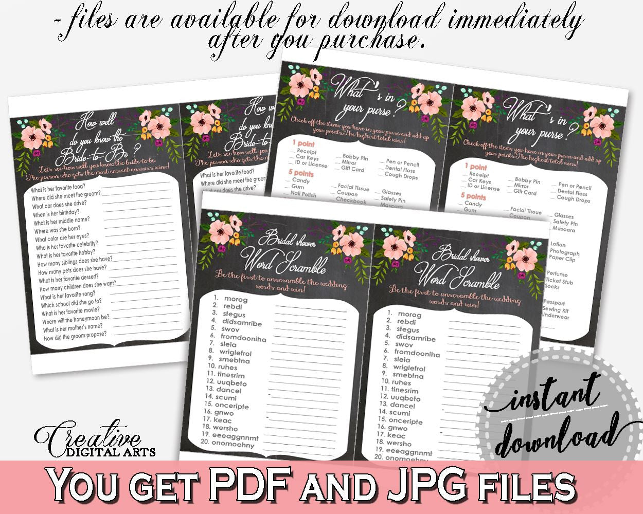 Games Bundle in Chalkboard Flowers Bridal Shower Black And Pink Theme, mad libs, chalk flowers shower, party stuff, party decor - RBZRX - Digital Product