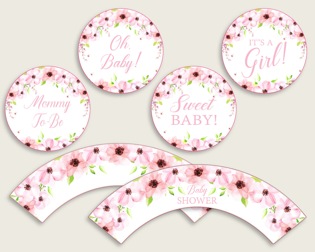 Flower Blush Cupcake Toppers, Pink Green Cupcake Wrappers, Toppers Wrappers Baby Shower Girl, Instant Download, Cute Flowers Flowers VH1KL