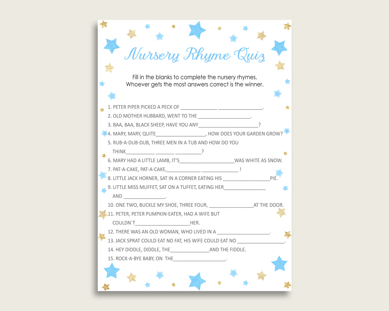 Stars Nursery Rhyme Quiz Printable, Blue Gold Nursery Rhyme Game, Blue Gold Baby Shower Boy Activities, Instant Download, Little Star bsr01