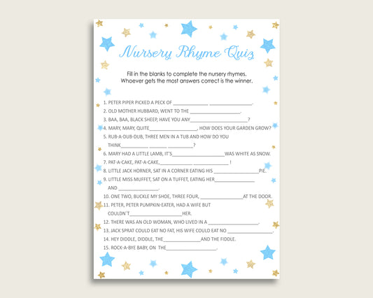 Stars Nursery Rhyme Quiz Printable, Blue Gold Nursery Rhyme Game, Blue Gold Baby Shower Boy Activities, Instant Download, Little Star bsr01