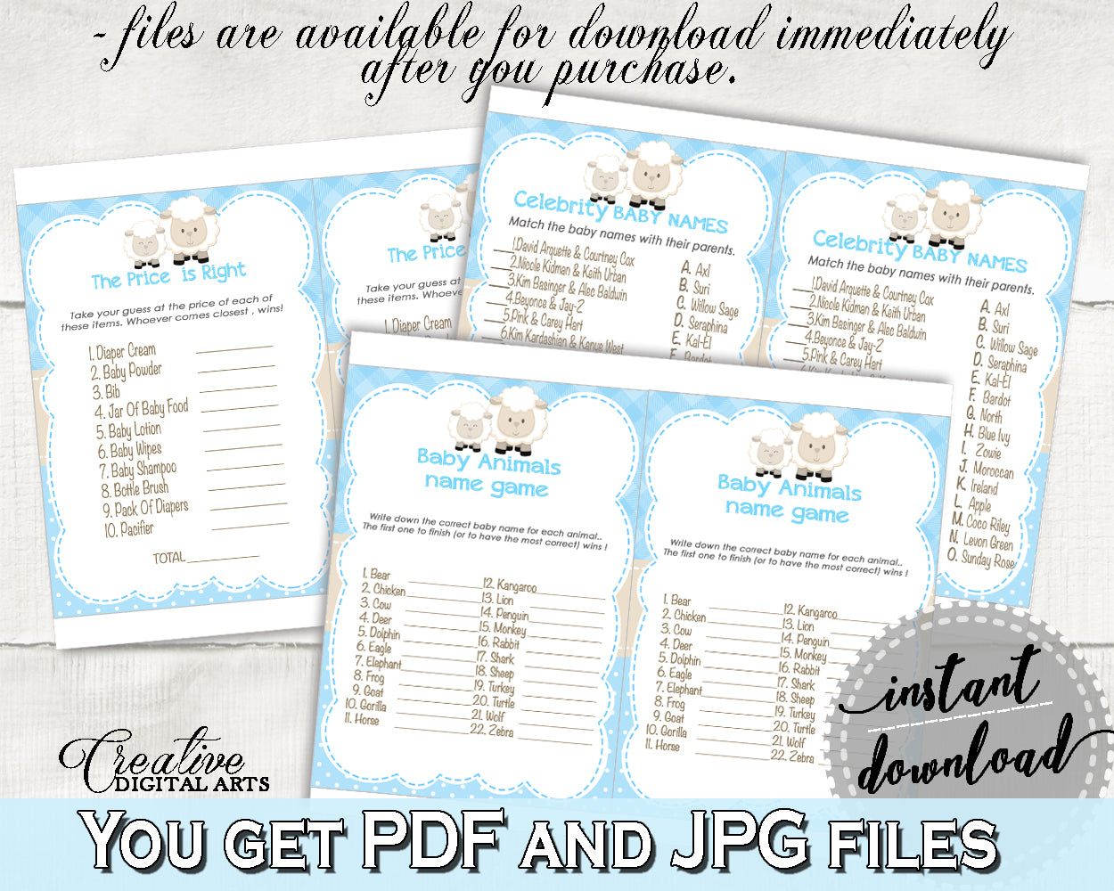 Little Lamb Baby Shower boy games package bundle set printable sheep with blue theme, 8 games pack, digital files - Instant Download - fa001