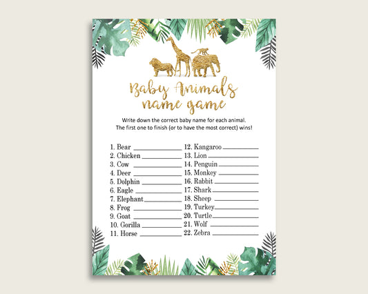 Jungle Name The Baby Animals Game Printable, Gold Green Baby Shower Animal Game, Gender Neutral Baby Shower, Instant Download, EJRED