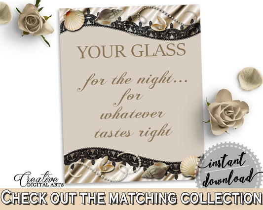 Seashells And Pearls Bridal Shower Your Glass For The Night Sign in Brown And Beige, wedding signage, party organization, prints - 65924 - Digital Product
