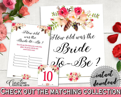 Bohemian Flowers Bridal Shower How Old Was The Bride To Be in Pink And Red, how old is the bride, tribal bohemian, party ideas - 06D7T - Digital Product
