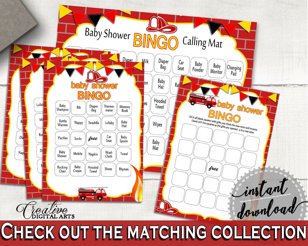 Bingo Baby Shower Bingo Fireman Baby Shower Bingo Red Yellow Baby Shower Fireman Bingo customizable files, printable files - LUWX6 - Digital Product