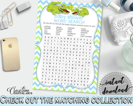 Baby Shower WORD SEARCH game with green alligator and blue color theme, instant download - ap002