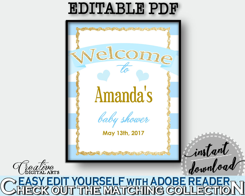 Baby Shower editable and printable WELCOME sign with blue stripes theme, glitter gold, digital files, pdf jpg, instant download - bs002