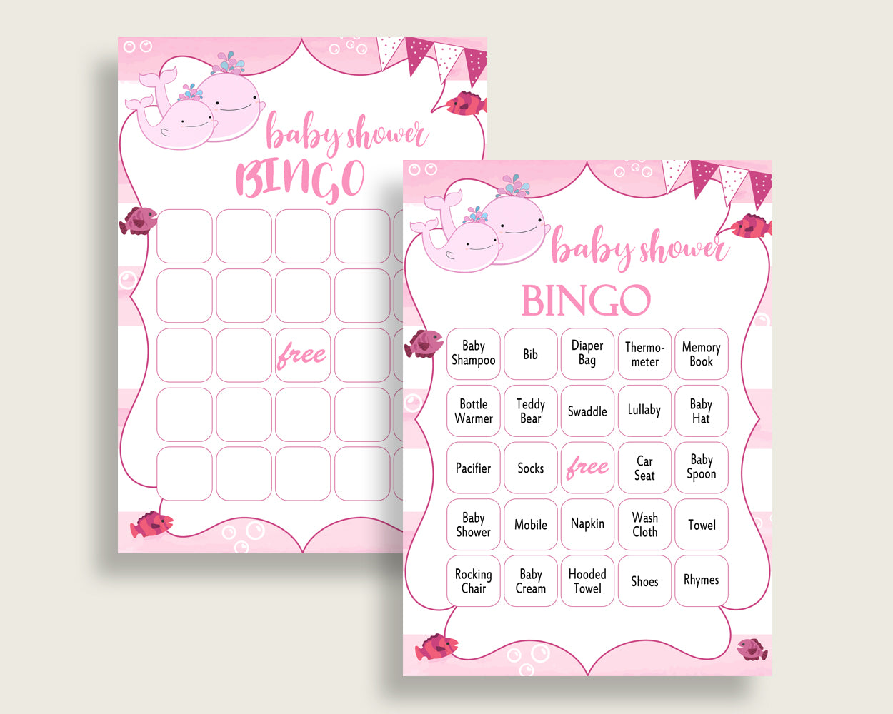 Pink Whale Baby Shower Bingo Cards Printable, Pink White Baby Shower Girl, 60 Prefilled Bingo Game Cards, Sea Animals Baby Whale wbl02