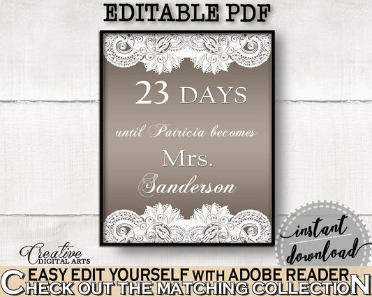 Days Until Becomes in Traditional Lace Bridal Shower Brown And Silver Theme, countdown to mrs, linen bridal, printable files, prints - Z2DRE - Digital Product