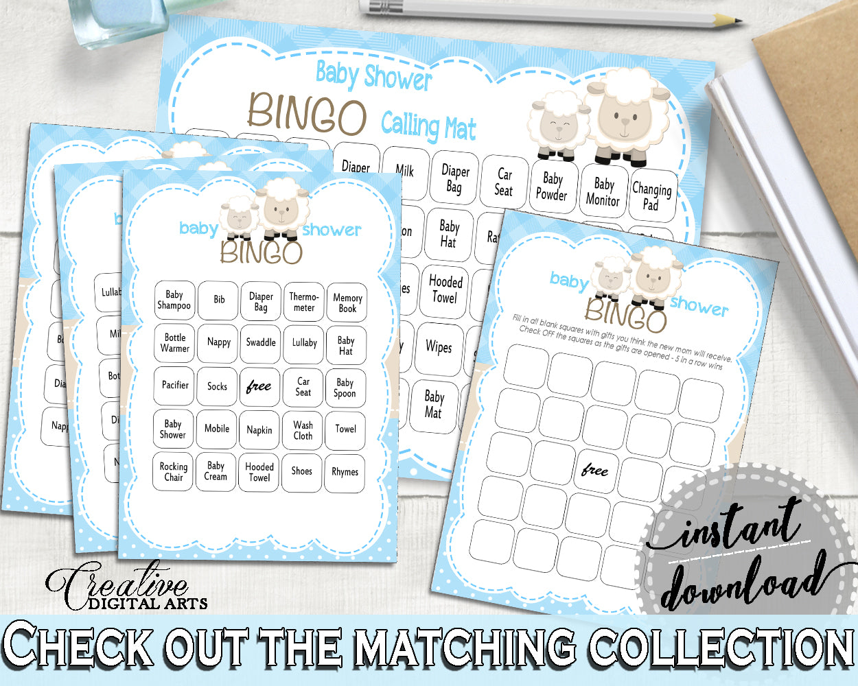 Little Lamb Baby Shower Boy BINGO 60 cards game blue and empty gift BINGO sheep theme printable, digital Jpg Pdf, instant download - fa001