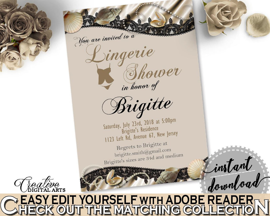 Brown And Beige Seashells And Pearls Bridal Shower Theme: Lingerie Shower Invitation Editable - hens night, party plan, prints - 65924 - Digital Product