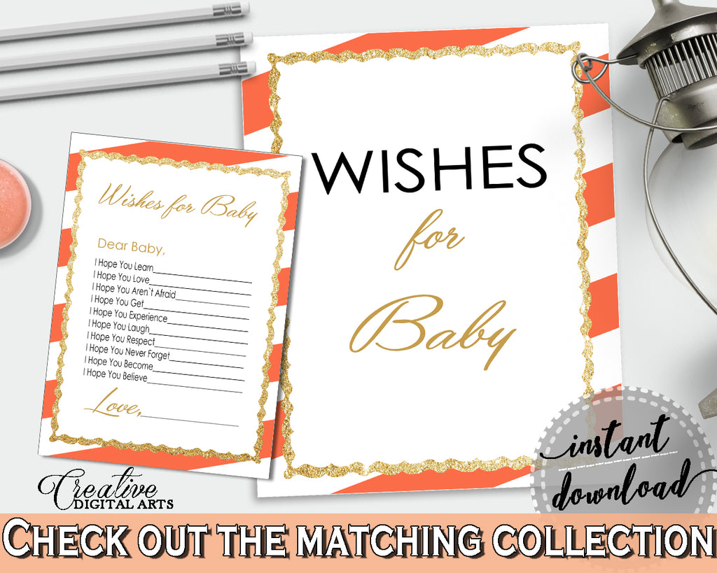 WISHES FOR BABY activity advice for baby shower with glitter gold and orange stripes theme printable, Jpg Pdf, instant download - bs003