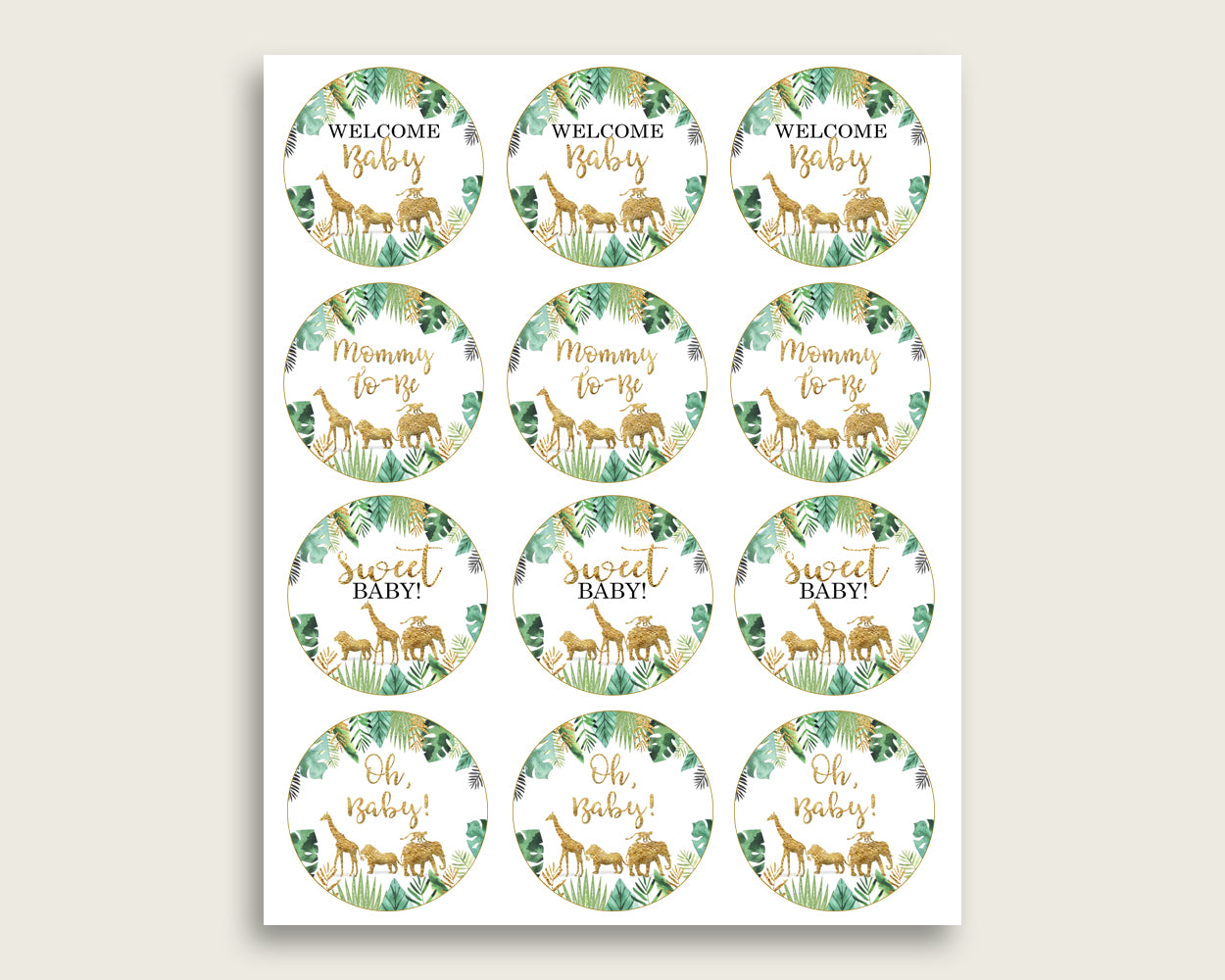 Jungle Cupcake Toppers, Gold Green Cupcake Wrappers, Toppers Wrappers Baby Shower Gender Neutral, Instant Download, Tropical Animals EJRED