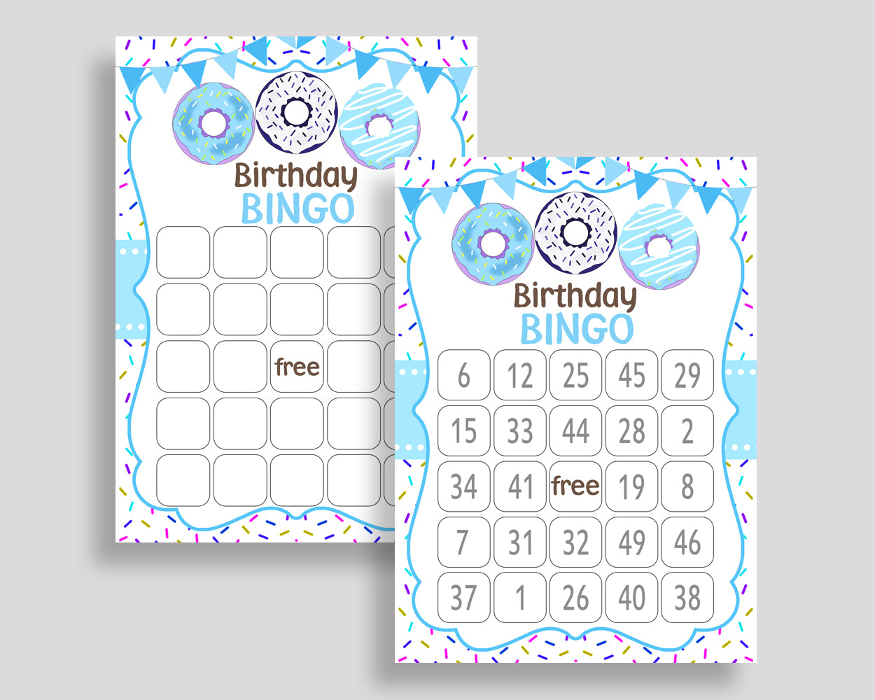 Donut Bingo Game Cards, Donut Birthday Game, Printable Blue White Bingo, Prefilled Birthday Bingo 60 Cards, Boy theme, 4X9CJ