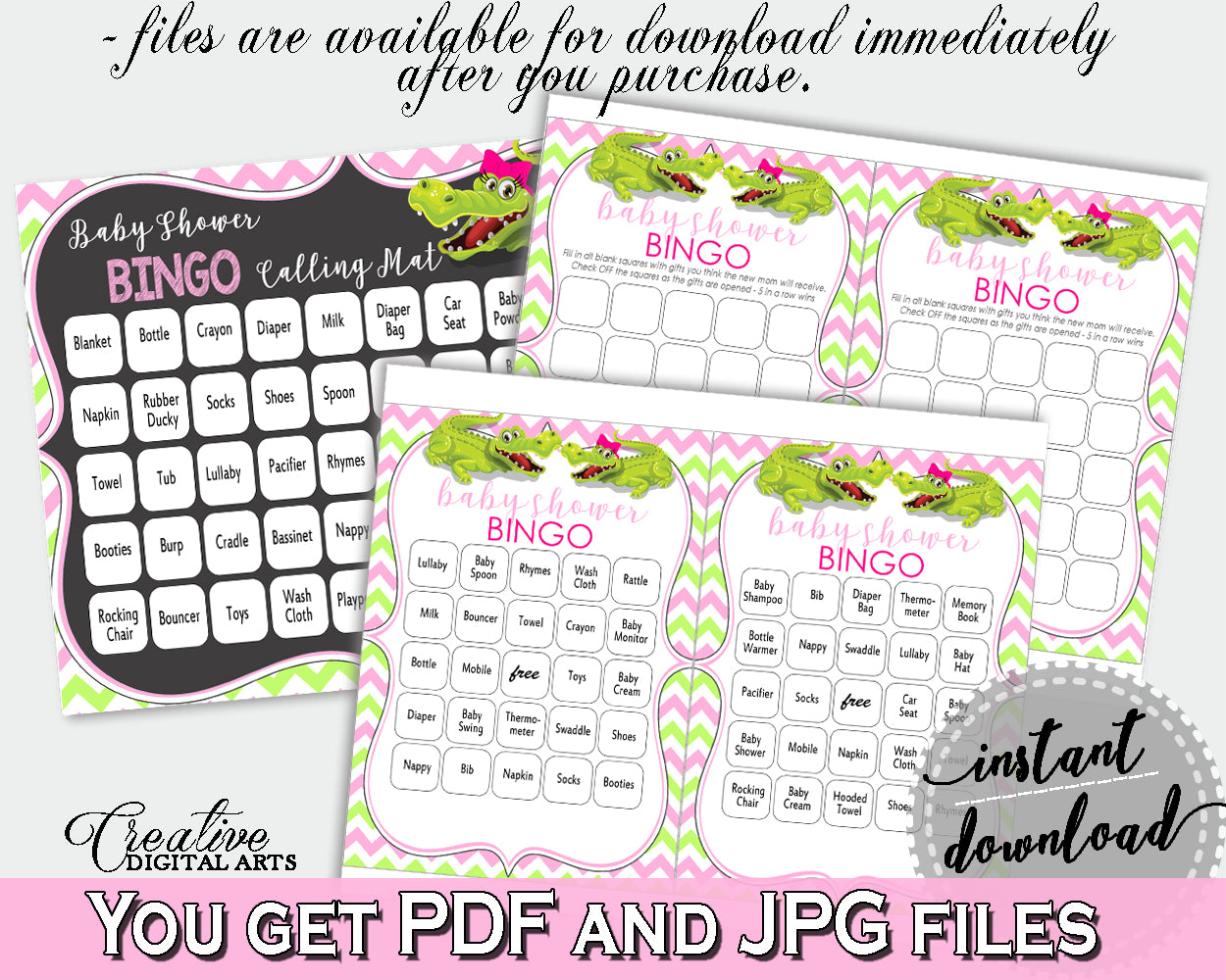 Baby Shower BINGO 60 cards game and empty gift BINGO cards with green alligator and pink color theme, instant download - ap001