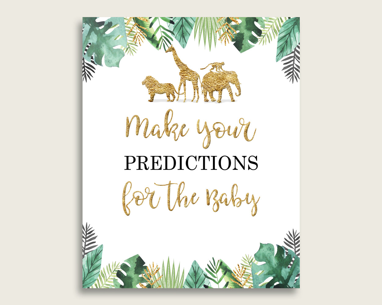 Jungle Baby Shower Prediction Cards & Sign Printable, Gold Green Baby Prediction Game Gender Neutral, Instant Download, Gold Animals EJRED