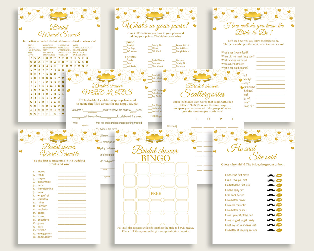 Games Bridal Shower Games Gold Hearts Bridal Shower Games Bridal Shower Gold Hearts Games White Gold party décor printable files 6GQOT