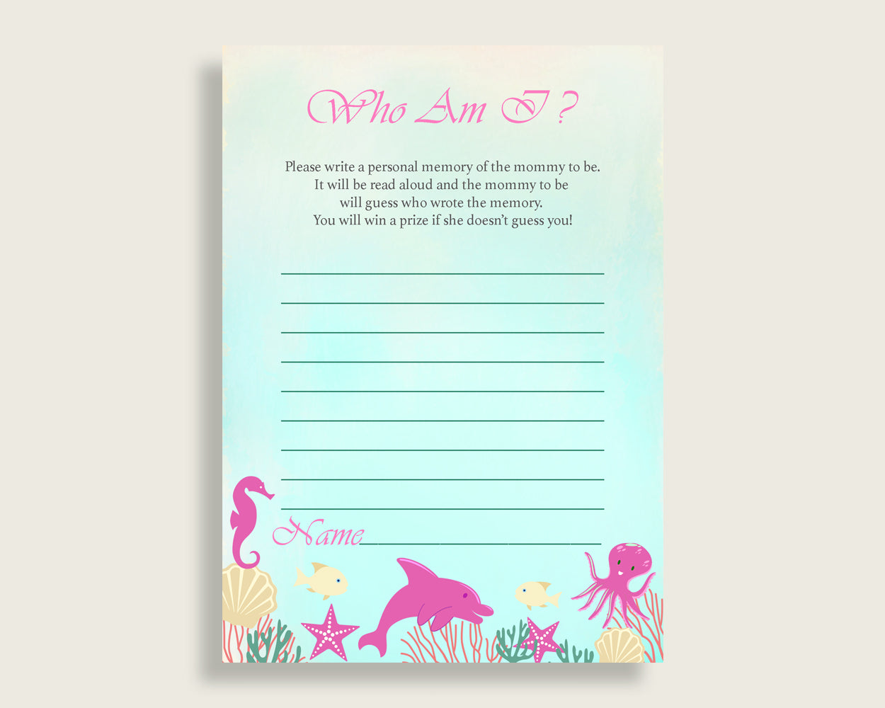 Under The Sea Who Am I Game Printable, Girl Baby Shower Memory With Mommy, Pink Green Baby Shower Activity, Instant Download, Popular uts01