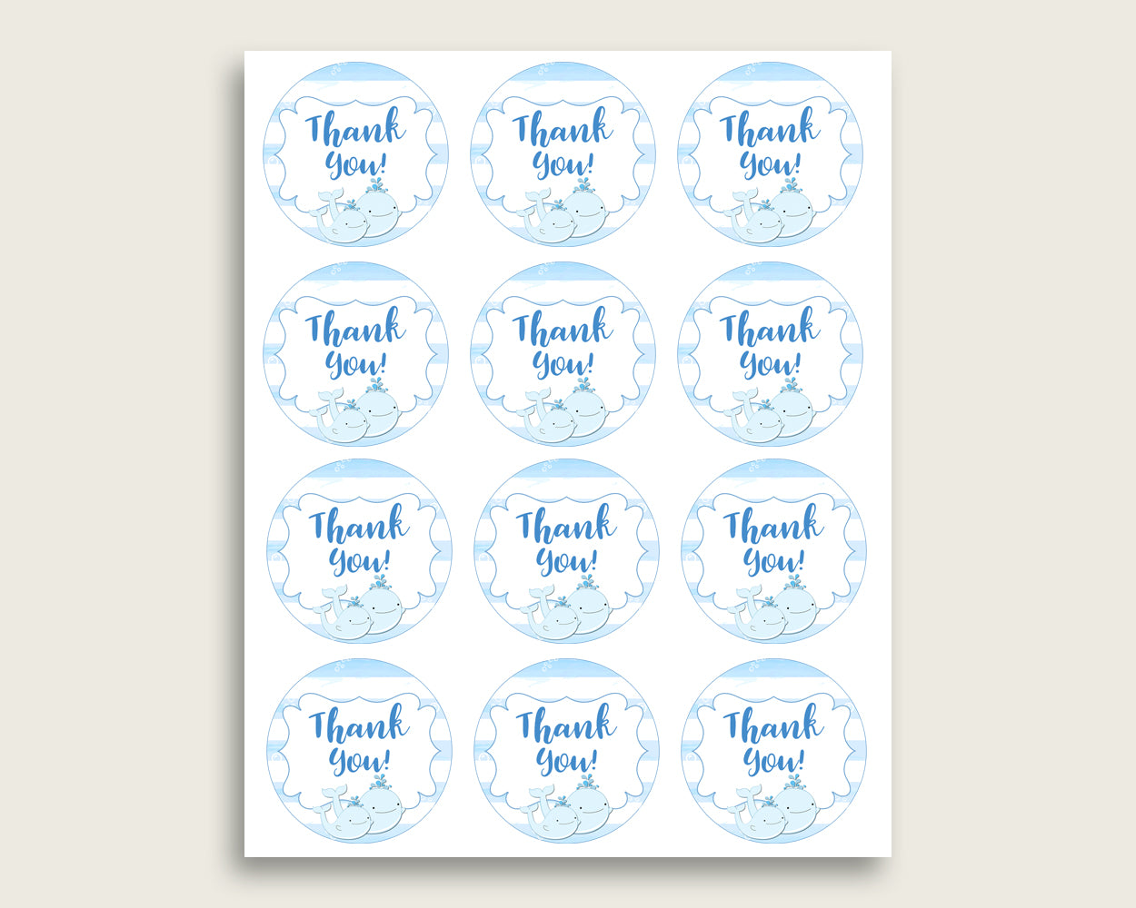 Whale Baby Shower Round Thank You Tags 2 inch Printable, Blue White Favor Gift Tags, Boy Shower Hang Tags Labels, Digital File wbl01