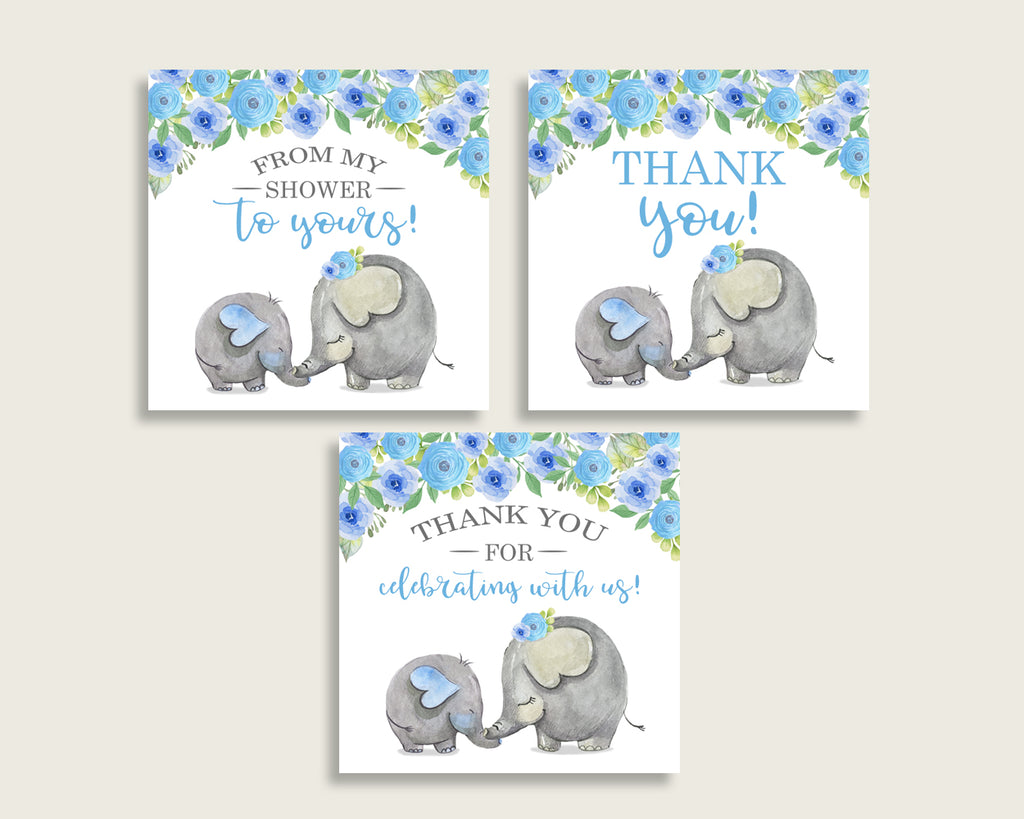 Elephant Blue Baby Shower Square Thank You Tags 2 inch Printable, Blue Gray Boy Shower Gift Tags, Hang Tags Labels, Instant Download ebl01