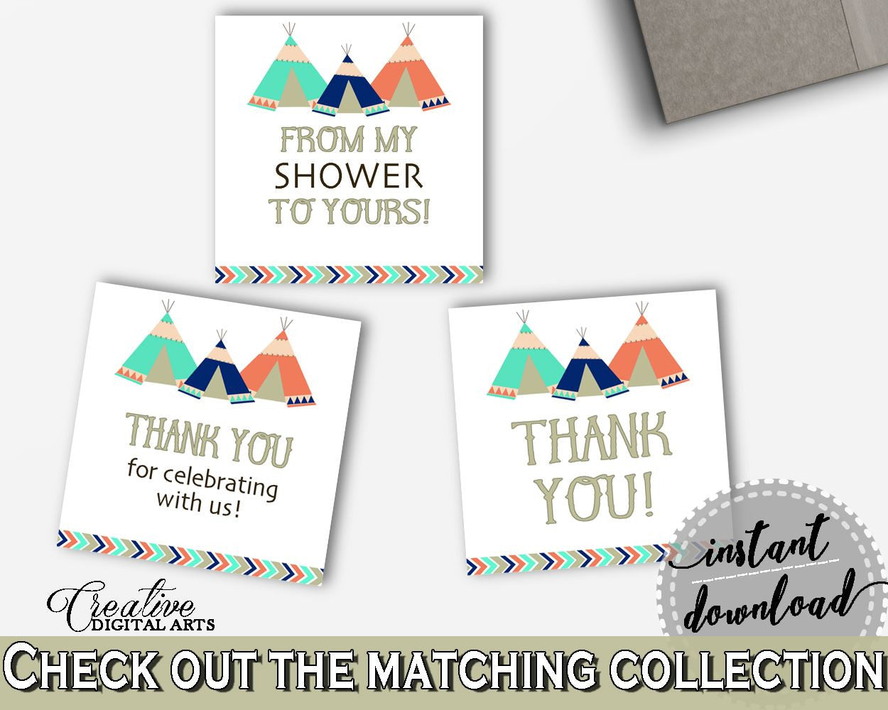 Square Tags Baby Shower Square Tags Tribal Teepee Baby Shower Square Tags Baby Shower Tribal Teepee Square Tags Green Navy - KS6AW - Digital Product