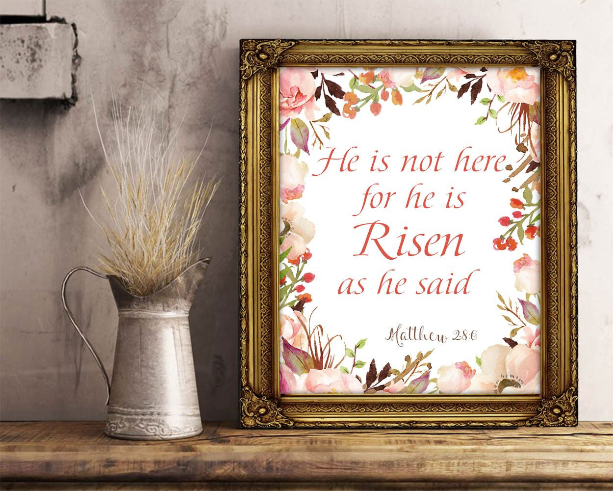 Wall Decor Risen Printable Matthew Prints Risen Sign Matthew Bible Art Matthew Bible Print Risen Printable Art Risen wotercolor flowers - Digital Download