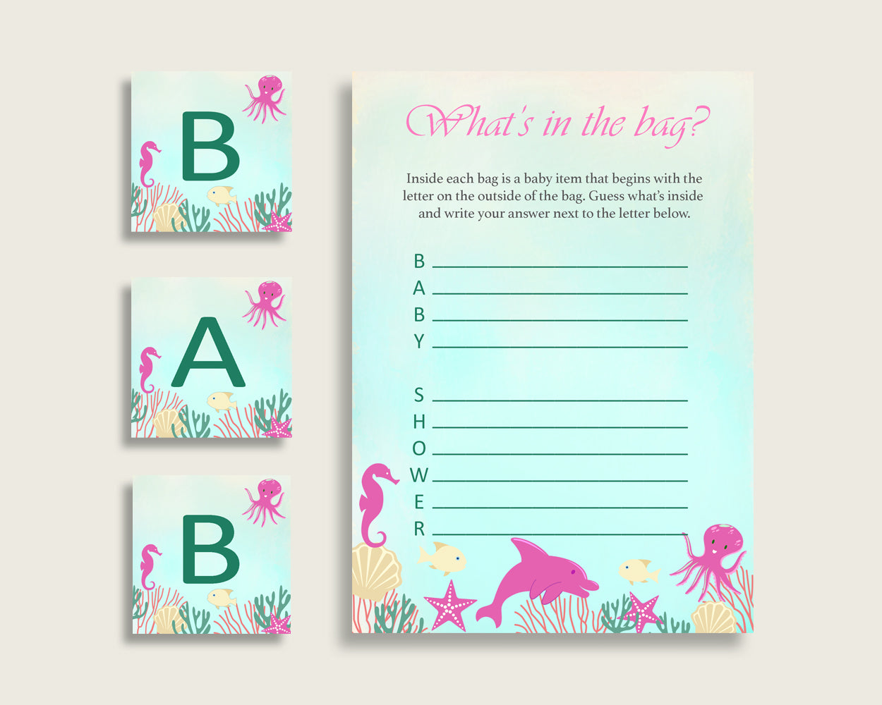 Under The Sea Baby Shower What's In The Bag Game, Pink Green Girl Bag Game Printable, Instant Download, Sea Creatures Popular uts01