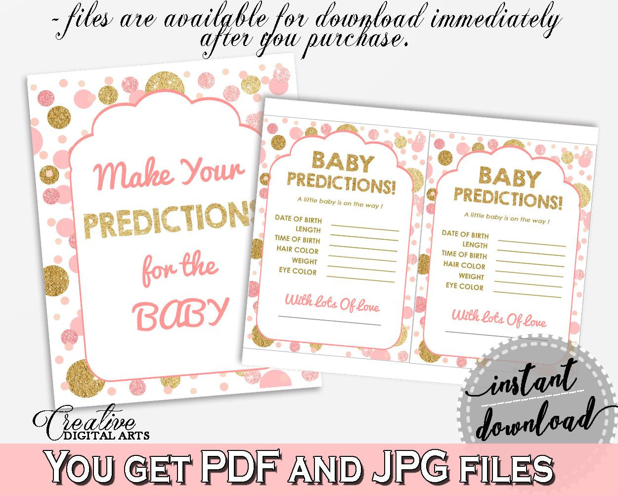 Baby Predictions, Baby Shower Baby Predictions, Dots Baby Shower Baby Predictions, Baby Shower Dots Baby Predictions Pink Gold party RUK83 - Digital Product