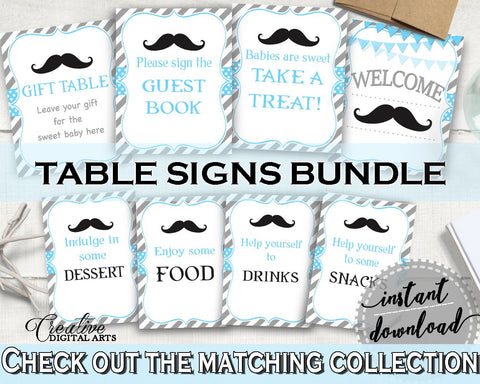 Blue Gray Table Signs, Baby Shower Table Signs, Mustache Baby Shower Table Signs, Baby Shower Mustache Table Signs party supplies 9P2QW - Digital Product